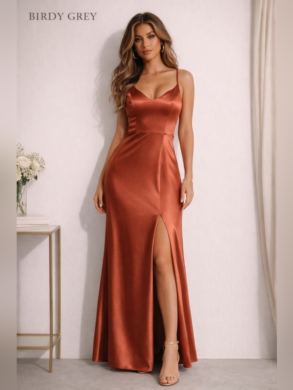 Birdy Grey Satin Terracotta Rust Bridesmaid Maxi Dress Size S